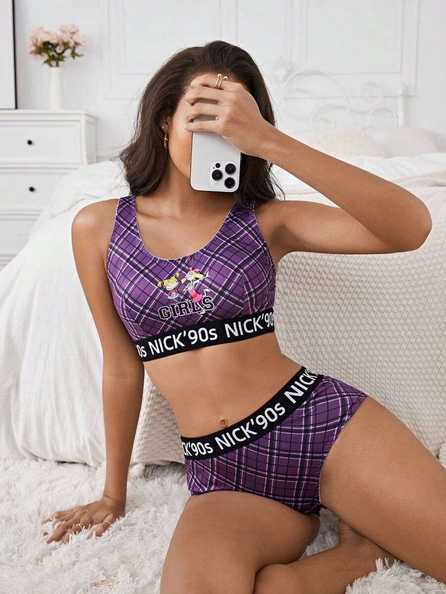 Nick 90s | SHEIN Purple Plaid & Cartoon Print, Cute, Comfy Basic Sports Bra & Panty Set For Women - Purple - View 1