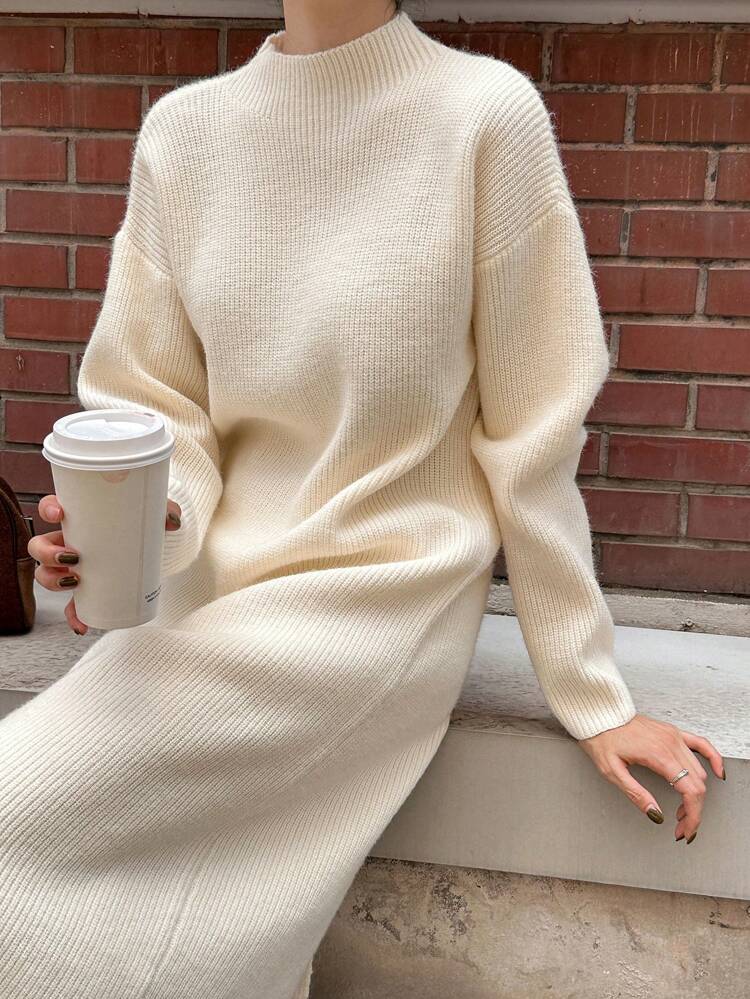 Women's Minimalist Stand Collar Knit Sweater Dress, Suitable For Autumn/Winter