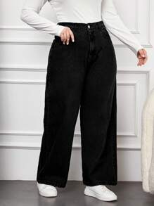 EURMUSE 大码高腰阔腿牛仔裤 - 黑色 - 查看 4