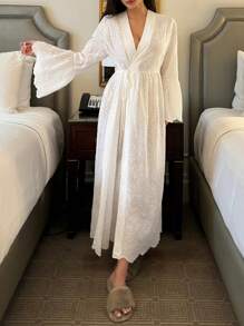 DAZY Bộ đồ ngủ dáng rộng thêu khoét rỗng phong cách Boho, dành cho mùa thu đông - trắng - Xem 1