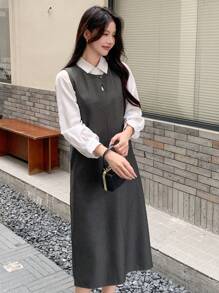 DAZY Women's Sleeveless Midi Dress, Autumn/Winter Shirt Dress - Grey - View 3