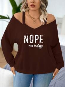 Calvaya Plus Size V-Neck Design Open Shoulder Graphic Print Long Sleeve Elegant And Minimalist Sweatshirt Graduation,Back To School Outfits,Graduation,Teacher Outfits For Women,Back To School - Brown - View 7