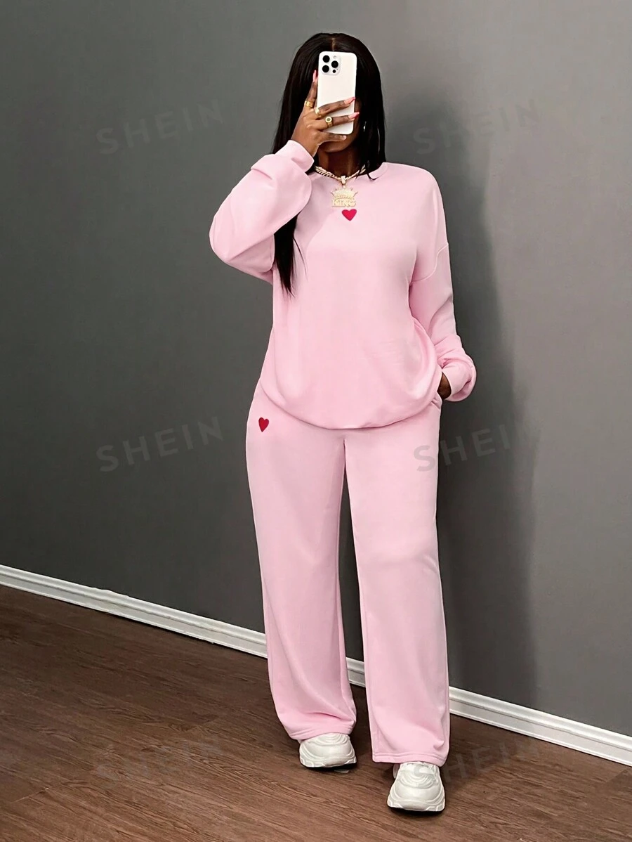 Slaydiva Conjunto informal de otoño/invierno 2024 con sudadera de cuello redondo con bordado de corazón y ajuste holgado, y pantalón de pierna ancha en color rosa - B