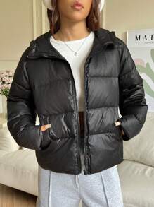 SHEIN EZwear Chaqueta acolchada con capucha de manga larga, informal y holgada, de unicolor, para invierno