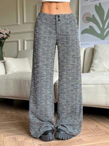 SHEIN EZwear Quần ống rộng in họa tiết toàn thân thiết kế nút thắt eo cho nữ - Xám - Xem 1