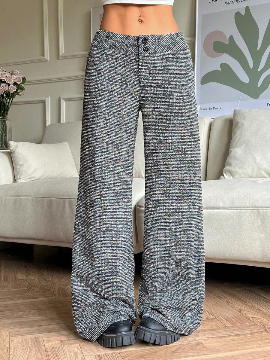 SHEIN EZwear Quần ống rộng in họa tiết toàn thân thiết kế nút thắt eo cho nữ - Xám - Xem 1