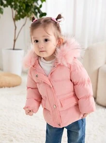 SHEIN Leap Crew Babygirl 可爱百搭温暖粉色羊毛领夹棉大衣，秋冬款 - 粉色 - 查看 3