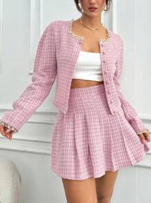 SHEIN Cottnline Lace Trim Puff Sleeve Jacket And Pleated Skirt 2pcs/Set - Pink - View 1