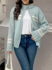 Chiquease Áo khoác cardigan kẻ sọc pha lông dê cho nữ, Thu/Đông - Nhiều màu - Xem 4