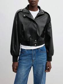 BizChic 黑色PU皮机车夹克，女士休闲长袖，适合派对、办公穿着，春夏圣诞节皆宜。 - 黑色 - 查看 3