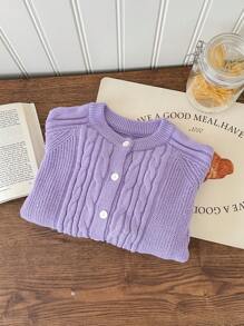 SHEIN Teen Girls Cable Knit Solid Color Round Neck Long Sleeve Cardigan Sweater - Purple - View 2