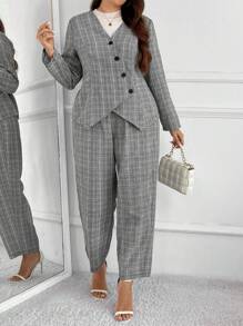 SHEIN Frenchy Plus Size Women Plaid Print Fitted Blazer Suit, Fashion Casual Business Work Daily Outgoing Party Essential Suit Set - Multicolor - View 6