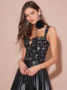 Enchnt Women Elegant Floral Embroidery Tie-Up Fitted Tank Top