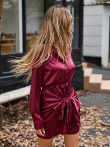 Aveloria 法式复古时尚百搭系带腰修身衬衫裙 - 酒紅色 - 查看 4