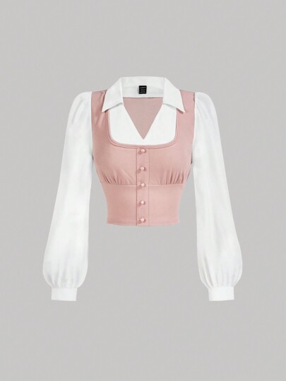 SHEIN MOD Double Collar Long Sleeve Contrast Color Chest Pleat Loose Fit Blouse, Pink & White