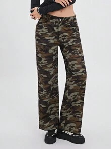 SHEIN EZwear 女士前口袋纽扣简约迷彩编织休闲裤 - 彩色 - 查看 4