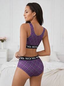Nick 90s | SHEIN Purple Plaid & Cartoon Print, Cute, Comfy Basic Sports Bra & Panty Set For Women - Purple - View 2