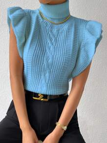 Chiquease 女士纯色高领荷叶边下摆毛衣背心，秋冬季休闲装 - 淺藍色 - 查看 6