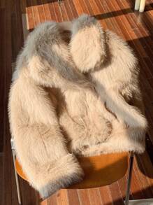 SHEIN EZwear 秋冬女士蓬蓬领短款夹克 - 杏色 - 查看 7