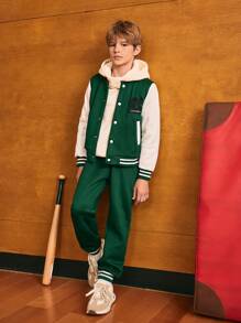 SHEIN 2 pièces/Set Veste bomber imprimée de lettres style collège et pantalon ample décontracté pour garçon préadolescent
