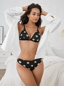 GARFIELD X SHEIN Conjunto de sujetador y ropa interior sexy y lindo de mujer con estampado de dibujos animados y con nudo en la espalda