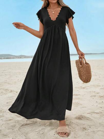 EURMUSE Vestido Negro Largo Para Mujeres Con Mangas Cortas