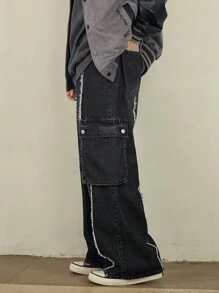 DAZY Jeans cargo holgados con bolsillo con solapa de borde crudo, estilo urbano, para otoño