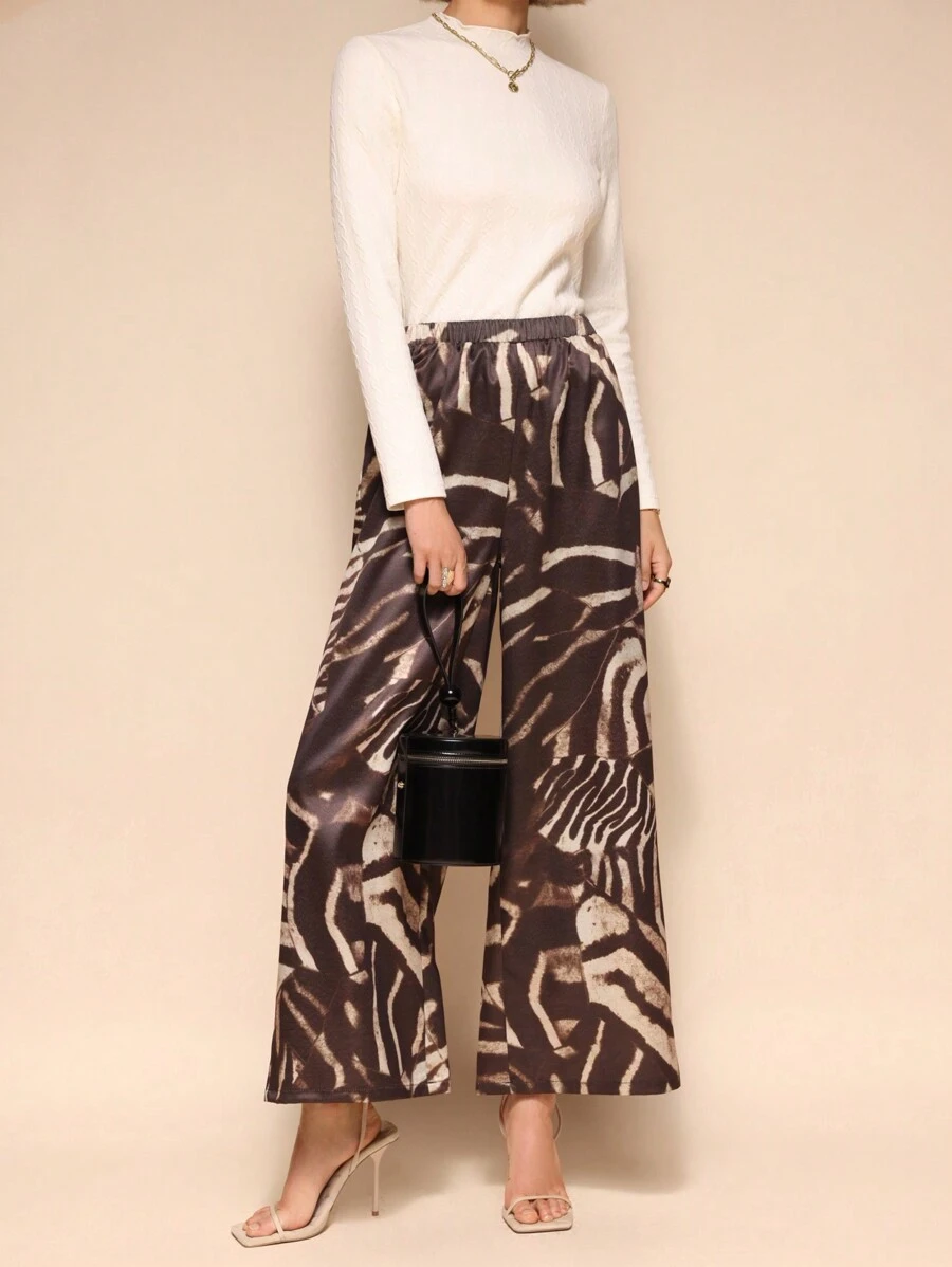 SHEIN Unity Women's Elastic Waist Loose Wide Leg Patchwork Print Long Pants Fall Cloth For Women - Multicolor - View 1