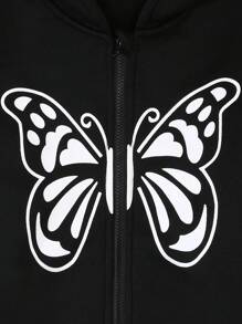 Áo khoác nỉ có mũ trùm đầu in hình bướm giản dị dành cho bé gái tuổi mới lớn, phù hợp cho mùa thu/đông - màu đen - Xem 4