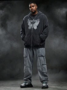 Mainfolk Plus Size Men Washed Knit Butterfly Pattern Hoodie Sweatshirt, For Fall Winter - Black - View 3