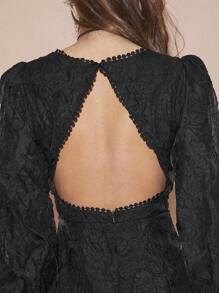 Enchnt Women Floral Jacquard V-Neck Long Sleeve Ruffle Hem Short Elegant Dress