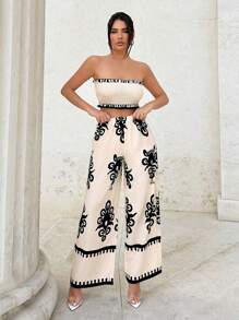 SHEIN Tall 女士休闲度假春夏抹胸几何印花两件套 - 杏色 - 查看 1