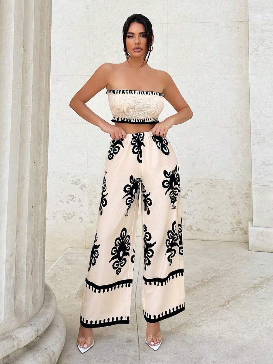 SHEIN Tall 女士休闲度假春夏抹胸几何印花两件套 - 杏色 - 查看 1