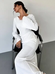 Firerie 女士优雅别致的船领喇叭袖及地长裙，适合约会和度假 - 白色 - 查看 7