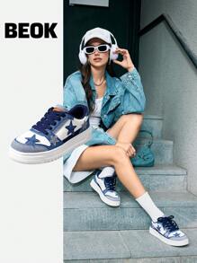 Beok 女士黑白星星印花休闲运动鞋透气拼接学生舒适平底鞋万圣节圣诞节学生鞋滑板鞋秋冬休闲运动鞋 - 藍白色 - 查看 1