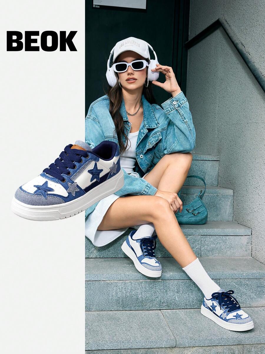 Beok 女士黑白星星印花休闲运动鞋透气拼接学生舒适平底鞋万圣节圣诞节学生鞋滑板鞋秋冬休闲运动鞋 - 藍白色 - 查看 1