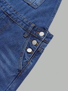 SHEIN Explorewe Tween Girls' Casual Side Button Pockets Denim Jumpsuit, Summer - Dark Wash - View 4