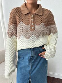 RueChic Button Decor Scallop Zigzag Pullover Sweater Beige - Beige - View 4