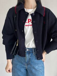 FRIFUL 1 件女式素色纽扣前长袖休闲上衣，秋季服装 - 藏蓝色 - 查看 3