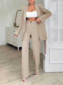 EURMUSE Grey Long Jacket And Straight Pant Two Pieces - Beige - View 6