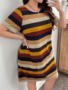 SHEIN LUNE Váy suông cổ tròn tay ngắn họa tiết sọc cỡ lớn - màu nâu - Xem 4