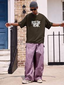 Manfinity Dauomo 男士时尚英文口号印花 T 恤，适合休闲户外活动 - 棕色 - 查看 5