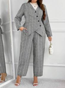 SHEIN Frenchy Plus Size Women Plaid Print Fitted Blazer Suit, Fashion Casual Business Work Daily Outgoing Party Essential Suit Set - Multicolor - View 1