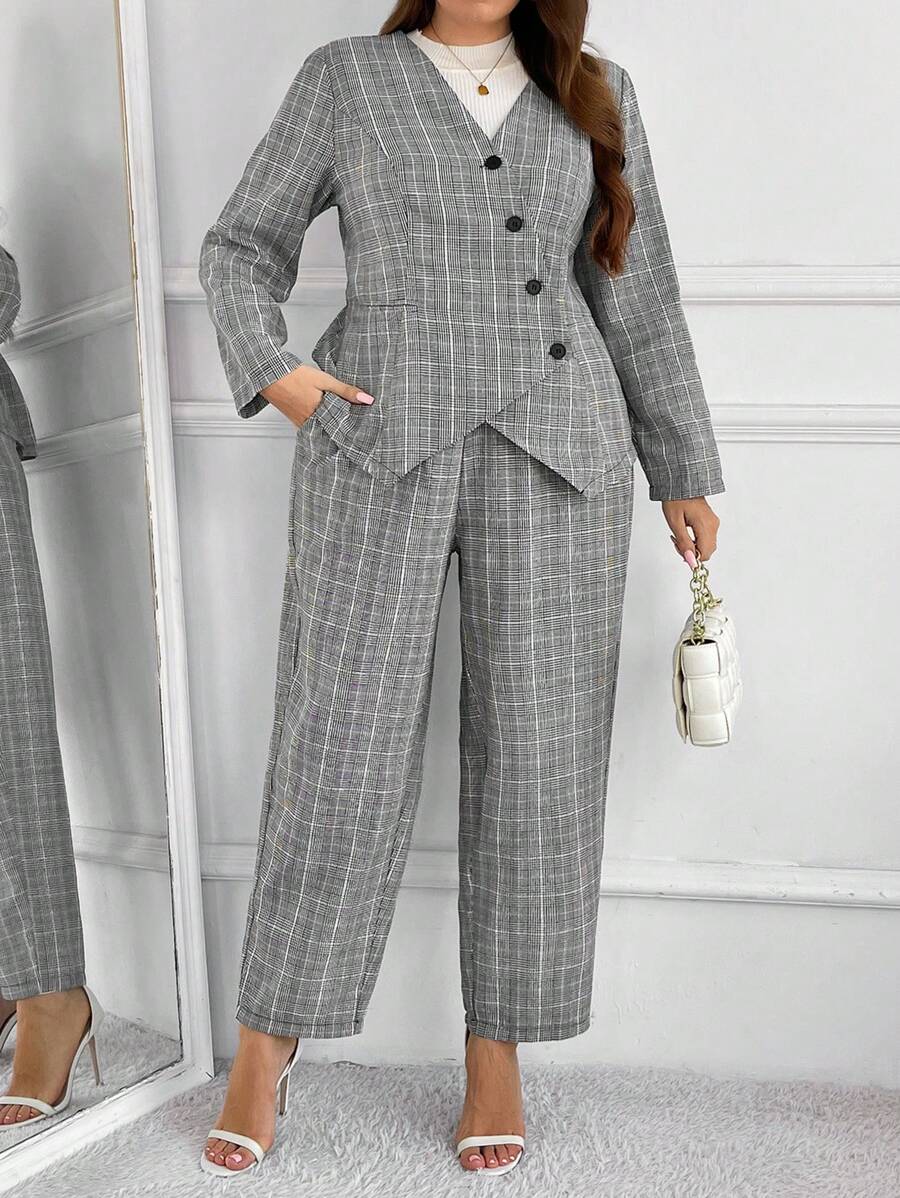 SHEIN Frenchy Plus Size Women Plaid Print Fitted Blazer Suit, Fashion Casual Business Work Daily Outgoing Party Essential Suit Set - Multicolor - View 1