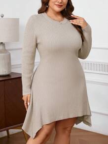 SHEIN Privé Plus Size Women Casual Asymmetrical Hem Loose Knit Sweater Dress, Long Sleeve, Khaki, Autumn/Winter - White - View 5