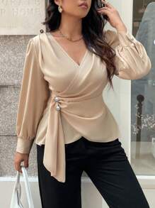 Easura Plus Size V-Neck Cross Wrap Elegant Long Sleeve Blouse - Khaki - View 3