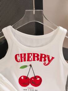 Tween 女童休闲樱桃字母印花圆领吊带背心和裤子两件套，夏季 - 白色 - 查看 5