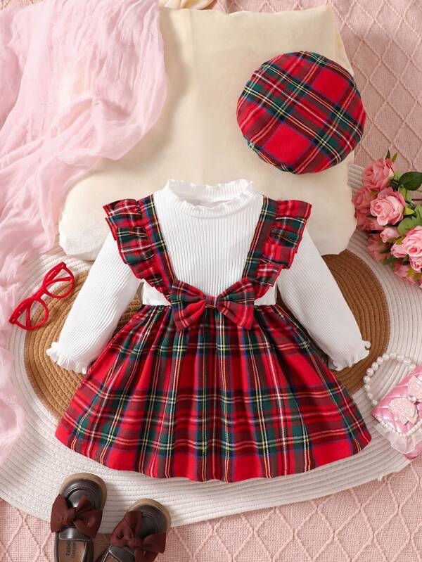 SHEIN Vestido xadrez vermelho para bebê menina de Natal, roupa fofa e versátil para comemoração de feriados