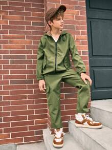 SHEIN 2 件 Tween Boy 休闲保暖内衬绿色连帽衫和宽松工装裤套装，秋冬 - 軍綠色 - 查看 4