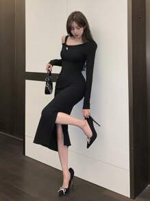 DAZY Vestido tipo body con hombros abiertos hasta la mitad de la pantorrilla, elegante para otoño e invierno